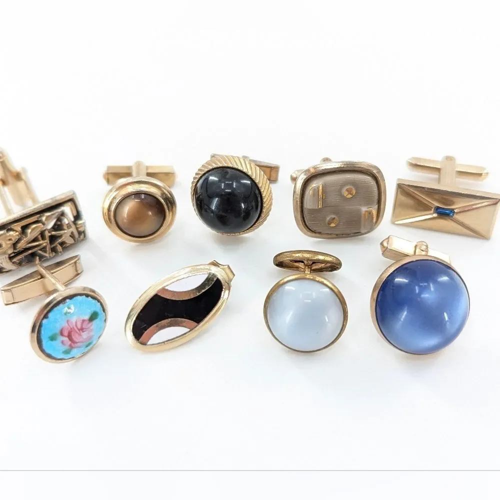 Vintage Gold Tone Cufflinks and Tie Clip Assorted Styles Colors 9 Piece